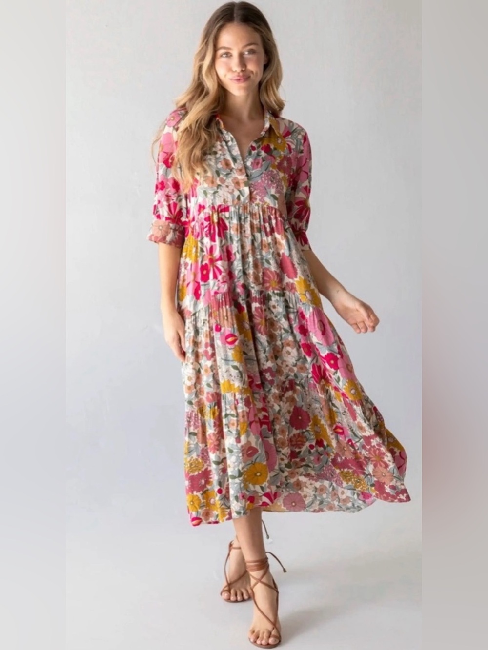 NATURAL LIFE Pink Floral Tiered Rebecca Midi Dress with Yellow Accents